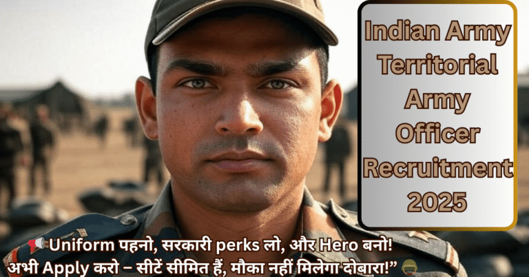 Indian Army Territorial Army Officer Exam 2025 recruitment process with uniformed soldiers saluting.