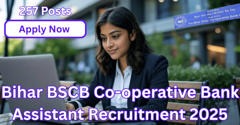 Young female candidate filling Bihar BSCB Co-operative Bank Assistant Recruitment 2025 online form on laptop with banking background.