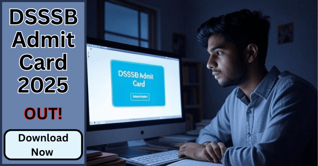 "DSSSB July Exam Admit Card 2025 डाउनलोड करते छात्र का चित्र – दिल्ली अधीनस्थ सेवा चयन बोर्ड की परीक्षा तैयारी"