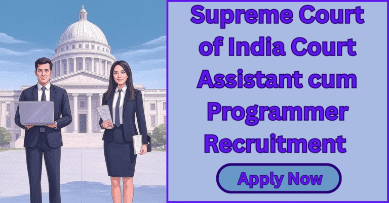 Supreme Court of India building with male and female candidates applying for supreme court of india court assistant cum programmer Recruitment 2025