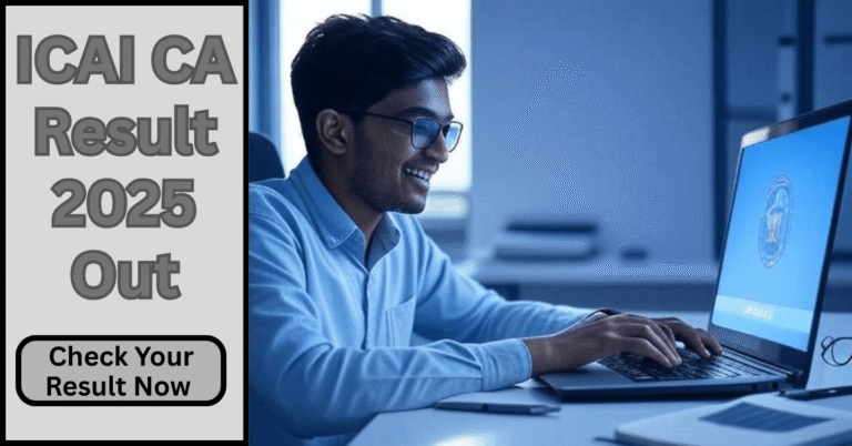 Student checking ICAI CA Result 2025 out on laptop screen with ICAI website open