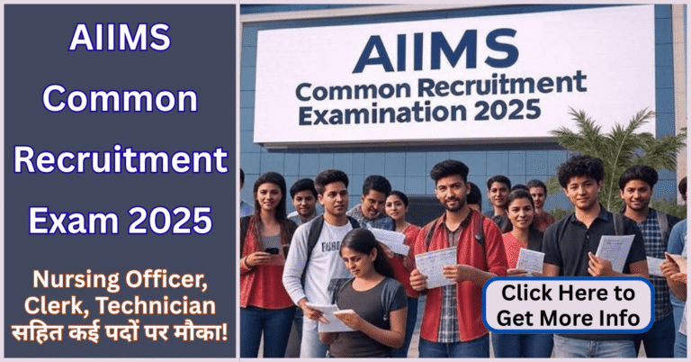 AIIMS CRE 2025 Recruitment exam center scene with candidates preparing for Group B and C posts