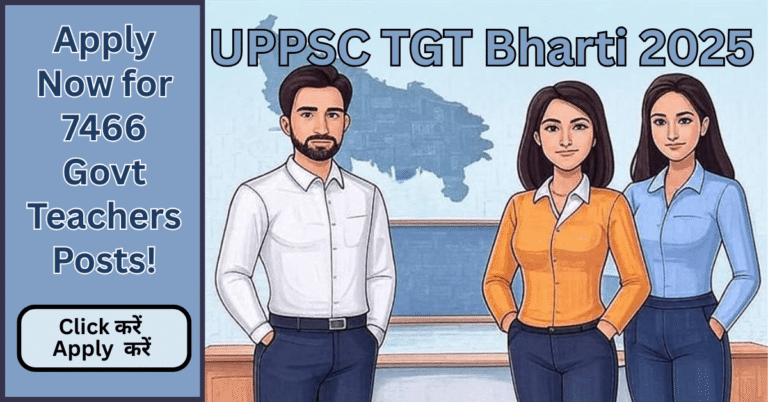 UPPSC TGT Recruitment 2025 banner with male and female teachers standing in front of a map of Uttar Pradesh, promoting 7466 government teaching posts