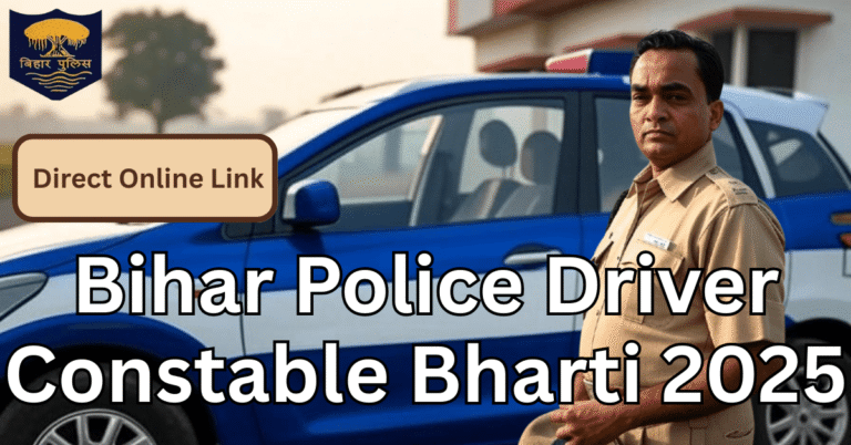 CSBC Bihar Police Driver Constable 2025 recruitment image showing a police driver standing confidently next to a patrol car with online apply banner