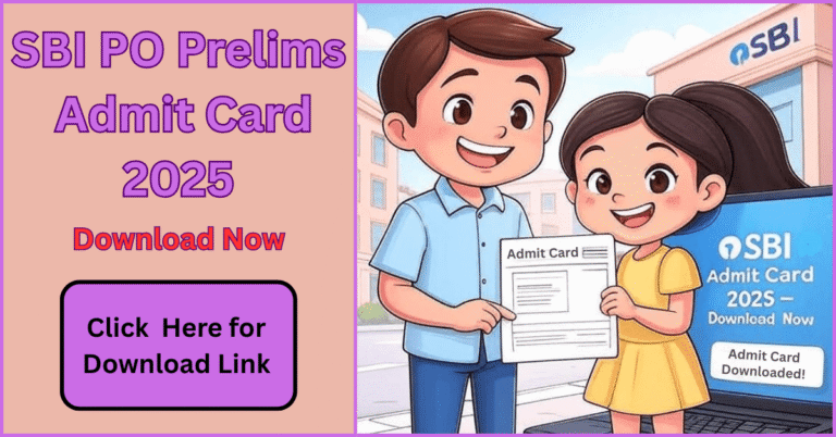 SBI PO Prelims Admit Card 2025 का cartoon-style image जिसमें विद्यार्थी admit card लेकर खुशी मना रहे हैं