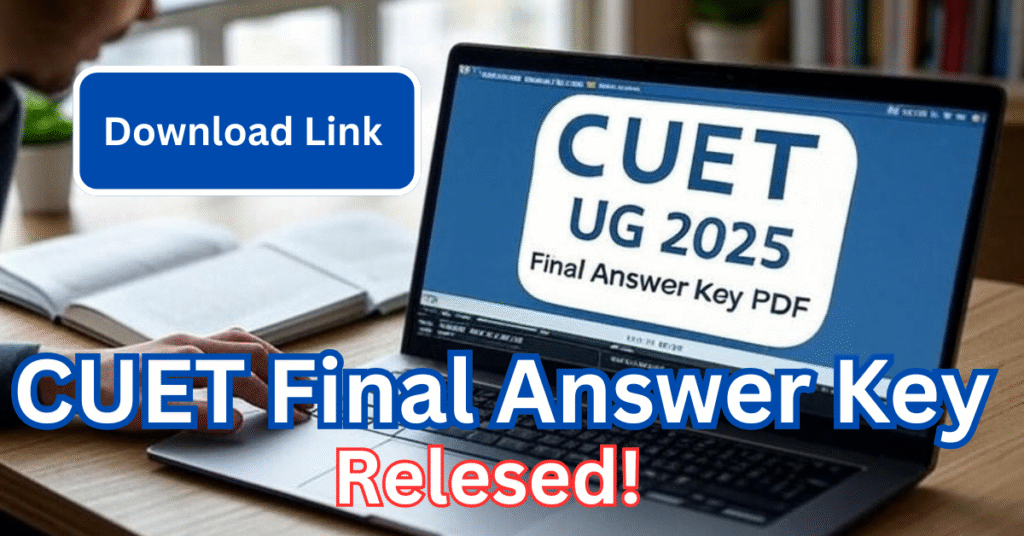 CUET UG Final Answer Key 2025 PDF Download स्क्रीन पर दिखाते हुए छात्र