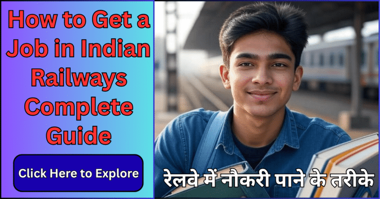 How to Get a Job in Indian Railways -Indian railway job aspirant standing confidently on a platform with books, showcasing preparation for NTPC, Group D, RPF, ALP exams 2025
