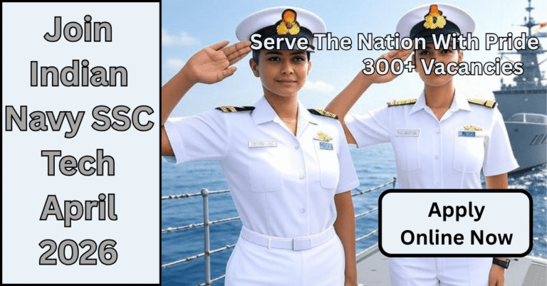 Indian Navy SSC Indian Navy officer in uniform standing on warship deck with national flag for Indian Navy SSC Technical April Recruitment 2025