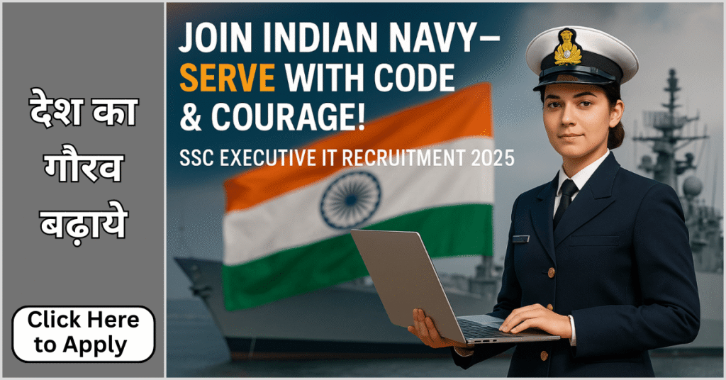 Indian Navy SSC Executive IT Recruitment 2025 digital poster with proud candidate and national flag in background