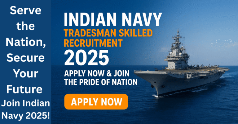 Indian Navy Tradesman Skilled Recruitment 2025 poster with salary, eligibility, and apply online details in bold, attractive design.