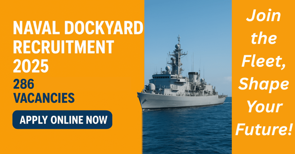 Naval Dockyard Recruitment 2025 poster with 286 apprentice vacancies, featuring a warship and "Apply Online Now" button