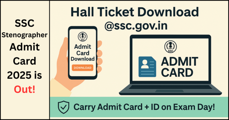 SSC Stenographer Admit Card 2025 download page showing on laptop and mobile screen with download and exam day instructions.