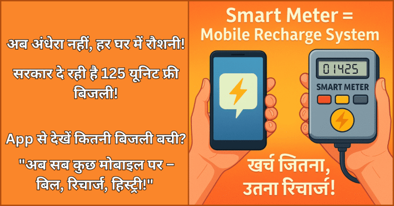 Smart Electricity Meter Yojana 2025 और Mobile Recharge System को दर्शाता हुआ पोस्टर, जिसमें हाथ में स्मार्टफोन और स्मार्ट मीटर दिखाया गया है।