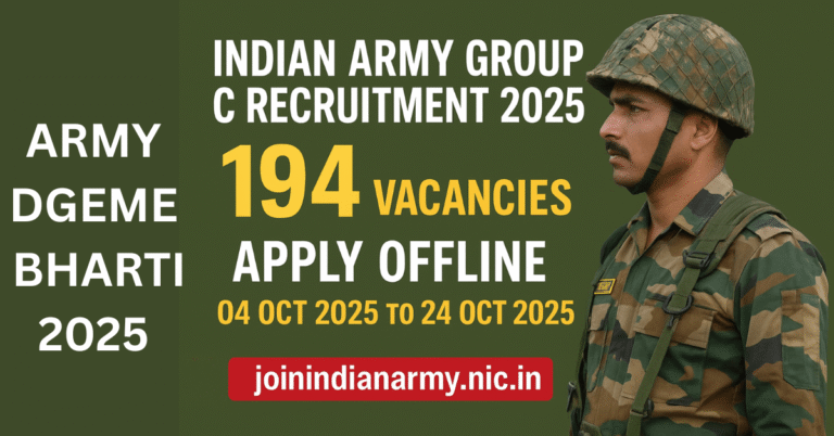 Indian Army Group C भर्ती 2025 का पोस्टर जिसमें 194 पद, ऑफलाइन आवेदन की तारीखें 04 अक्टूबर से 24 अक्टूबर 2025 तक और joinindianarmy.nic.in वेबसाइट दिख रही है। एक जवान सेना की वर्दी में खड़ा है।