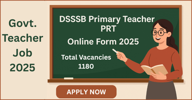 "DSSSB Primary Teacher PRT 2025 recruitment illustration - teacher writing on blackboard classroom scene"
