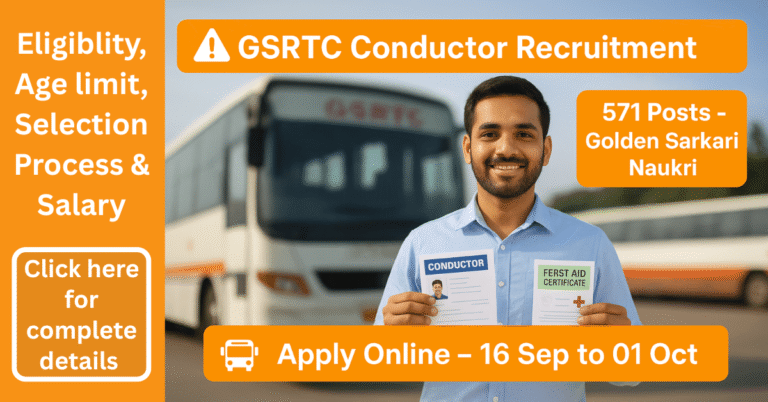 GSRTC Conductor Recruitment 2025 advertisement with a smiling man.