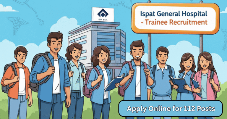 SAIL Trainee Recruitment 2025 banner showing a group of diverse trainees smiling with backpacks and a large sign in front of the hospital building.