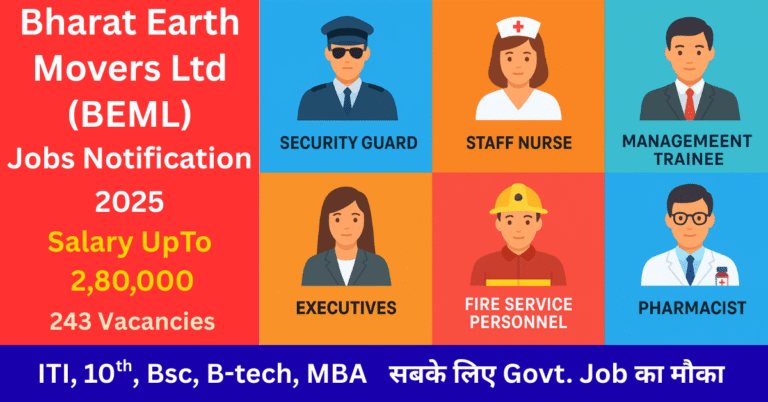 BEML Recruitment 2025 notification with 243 vacancies for Security Guard, Staff Nurse, Management Trainee, Executives, Fire Service Personnel, and Pharmacist, offering salary up to ₹2,80,000, open for ITI, 10th, B.Sc, B.Tech, MBA candidates.