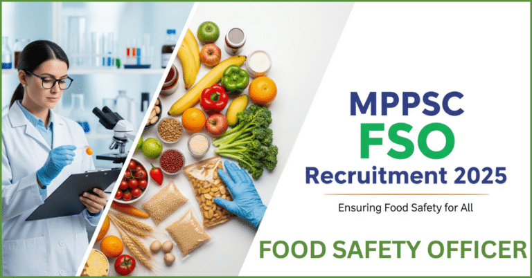 MPPSC Food Safety Officer Recruitment 2025 notification image, showing a food safety officer in a lab, various food items, and text.