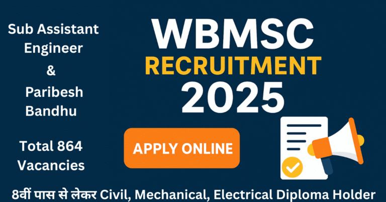WBMSC Recruitment 2025 advertisement featuring 864 vacancies for Sub Assistant Engineer and Paribesh Bandhu, inviting applications from Civil, Mechanical, and Electrical Diploma holders, with an Apply Online button.