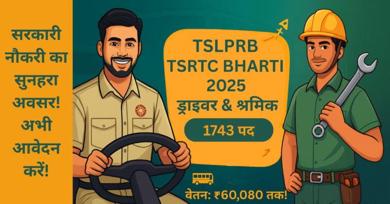 A vibrant graphic announcing the TSLPRB TSRTC Recruitment 2025. It features a bus driver and a worker against a dark green and blue background. A prominent yellow and orange text box highlights "1743 Posts! Driver & Shramik" and "Salary up to ₹60,080!".