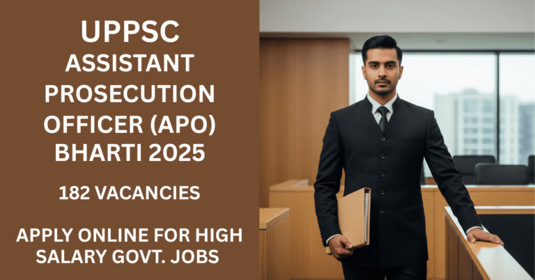 UPPSC APO Recruitment 2025 with 182 vacancies, showing a professional man in a suit holding a folder.