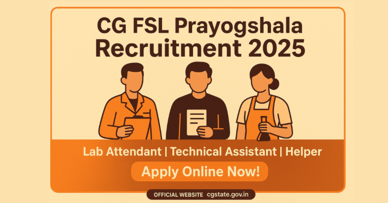 CG FSL Prayogshala Recruitment 2025 poster for Lab Attendant, Technical Assistant, and Helper positions.