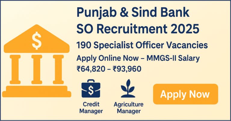 A recruitment advertisement for Punjab & Sind Bank, featuring a stylized image of a bank building. The text "Punjab And Sind Bank SO Recruitment 2025" is prominent, along with "190 Specialist Officer Vacancies." Details mention "MMGS-II Salary ₹64,820 – ₹93,960" and the positions of "Credit Manager" and "Agriculture Manager." A large "Apply Now" button is also visible. The overall design uses a yellow and dark blue color scheme.