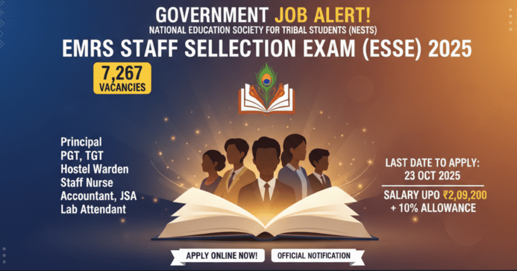 EMRS Recruitment 2025 Exam drive for 7267 vacancies. An image featuring a group of students and teachers emerging from an open book, symbolizing a bright future. The title "Government Job Alert!" is prominently displayed, along with key details like "7,267 Vacancies," post names (Principal, PGT, TGT, etc.), the last date to apply (23rd Oct 2025), and the impressive salary range (up to ₹2,09,200).