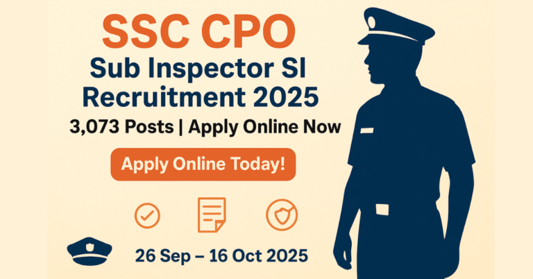 SSC CPO Sub Inspector SI Recruitment 2025 का पोस्टर जिसमें 3,073 पद, 26 सितंबर से 16 अक्टूबर 2025 की तिथियां, और ऑनलाइन आवेदन करने का बटन दर्शाया गया है।