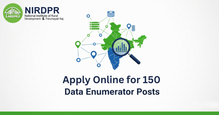 NIRDPR Recruitment 2025: Data Enumerator job opening graphic showing a map of India with data points and a magnifying glass.