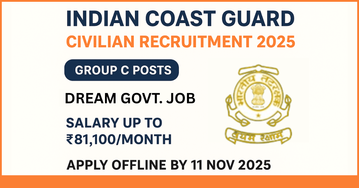 Indian Coast Guard Civilian Recruitment 2025, Group C Posts, Salary up to ₹81,100 per month, Apply Offline by 11 November 2025