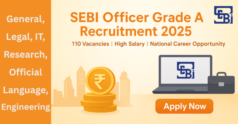 SEBI Officer Grade A Recruitment 2025 की 110 रिक्तियों की घोषणा। स्ट्रीम्स: General, Legal, IT, Research, Official Language, Engineering। उच्च वेतन और राष्ट्रीय करियर के अवसर।