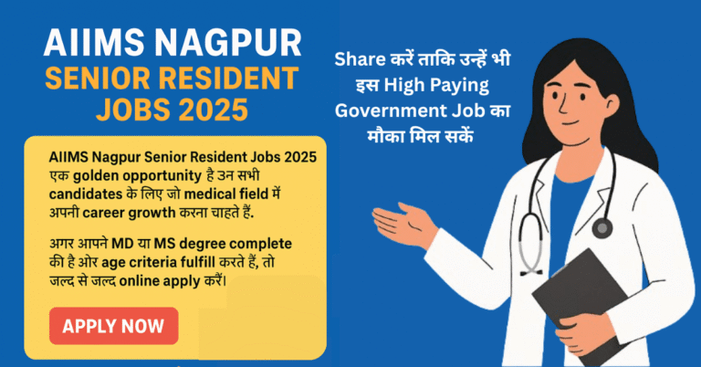 AIIMS Nagpur Senior Resident Jobs 2025 notification for MD MS degree holders. Image shows a female doctor and an Apply Now button, highlighting a high-paying government job opportunity.