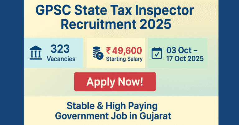 GPSC State Tax Inspector Recruitment 2025: 323 Vacancies, Starting Salary ₹49,600, Apply 03 Oct - 17 Oct 2025. Stable and High Paying Government Job in Gujarat.