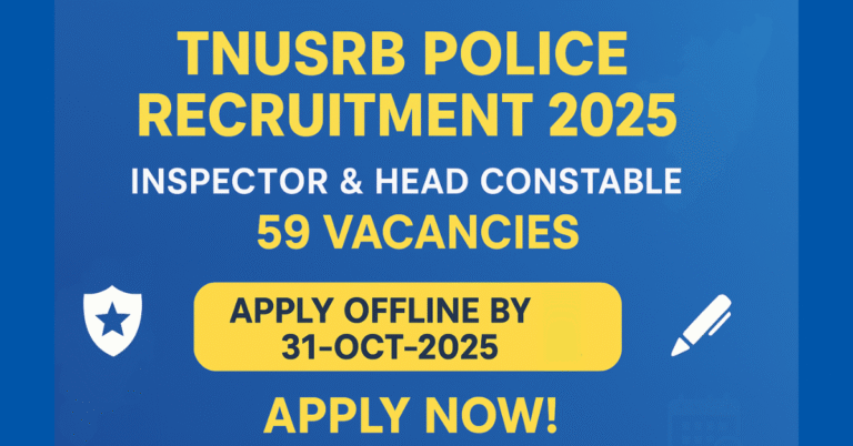 Tamil Nadu Police Recruitment 2025 | 59 Vacancies for Inspector and Head Constable | Tamil Nadu Police Job application last date 31 October | Apply Offline
