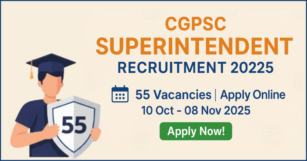 CGPSC Superintendent Recruitment 2025 apply online, 55 vacancies, official notification, Chhattisgarh government jobs