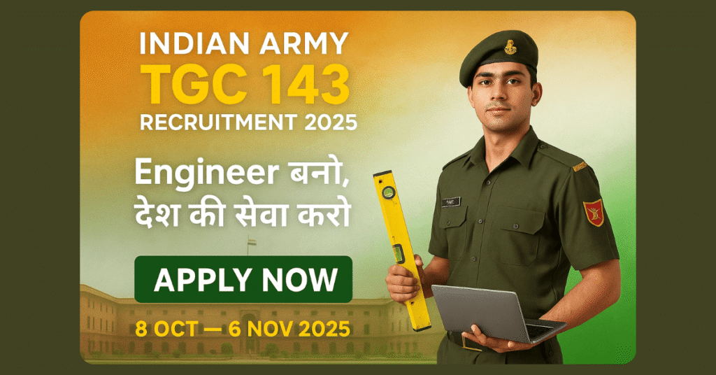 Indian Army TGC 143 Recruitment 2025 के तहत Technical Graduate Course के लिए Lieutenant Officer की वर्दी में इंजीनियर।