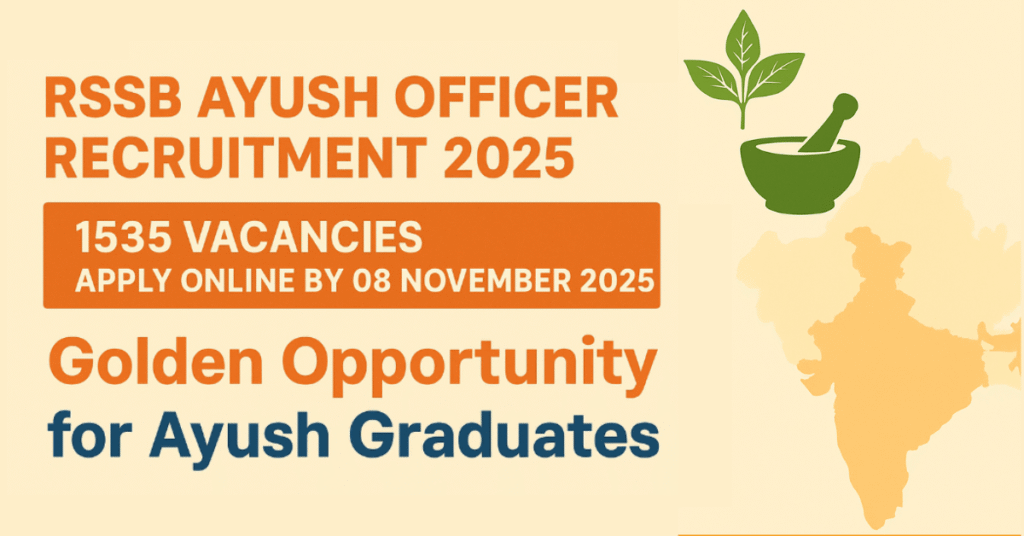 RSSB Ayush Officer Recruitment 2025: 1535 vacancies, golden opportunity for Ayush graduates (BAMS/BHMS/BUMS), apply online by 08 November 2025.