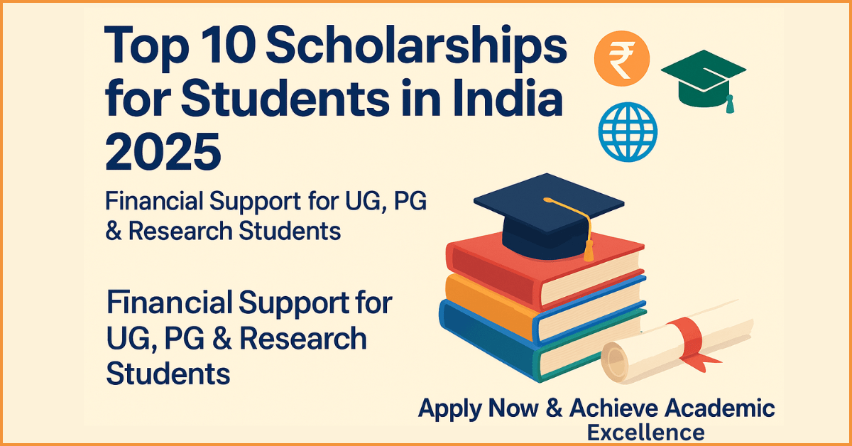 "भारत में छात्रों के लिए Top 10 Scholarships 2025 का बैनर। UG, PG और Research छात्रों के लिए वित्तीय सहायता। कैप और डिग्री रोल के साथ किताबों का ढेर।"