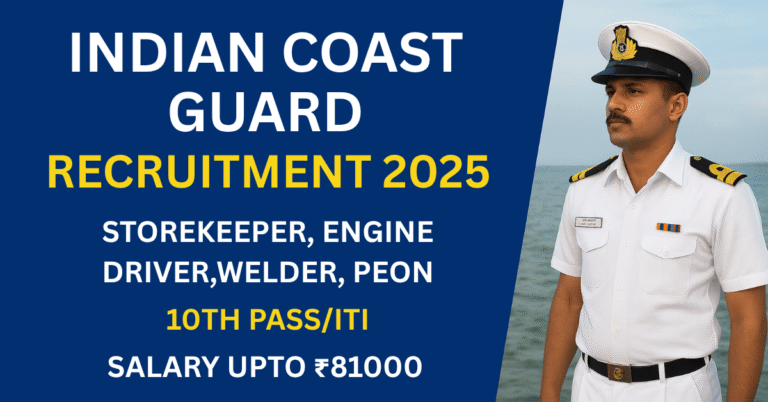 Indian Coast Guard Recruitment 2025: Storekeeper, Engine Driver, Welder, Peon पदों के लिए 10th Pass/ITI उम्मीदवार आवेदन करें। सैलरी ₹81000 तक