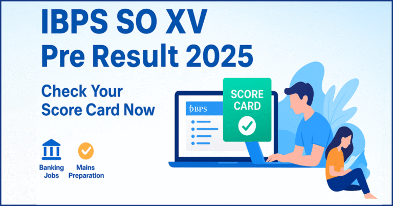 IBPS SO XV Pre Result 2025: उम्मीदवार लैपटॉप पर Specialist Officer Prelims का स्कोर कार्ड चेक कर रहे हैं। बैंकिंग जॉब्स और Mains की तैयारी का प्रतीक।