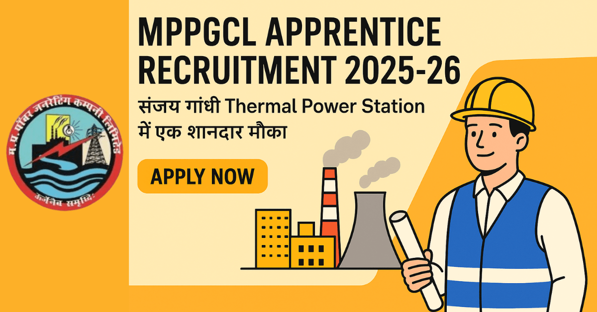 MPPGCL Apprentice Recruitment 2025-26: संजय गाँधी थर्मल पावर स्टेशन (SGTPS) में Graduate और Technician Apprentice भर्ती के लिए 'Apply Now' बटन के साथ आधिकारिक लोगो और थर्मल पावर प्लांट का चित्रण।