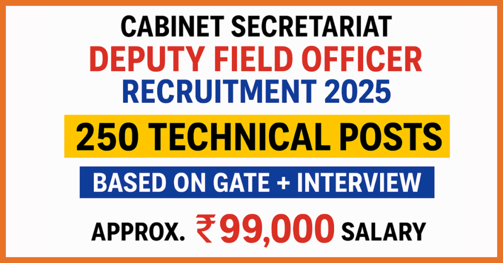 Cabinet Secretariat Deputy Field Officer Recruitment 2025: 250 Technical Posts की भर्ती का विज्ञापन। सेलेक्शन GATE Score और Interview पर आधारित है। शुरुआती अनुमानित सैलरी ₹99,000 प्रति माह।