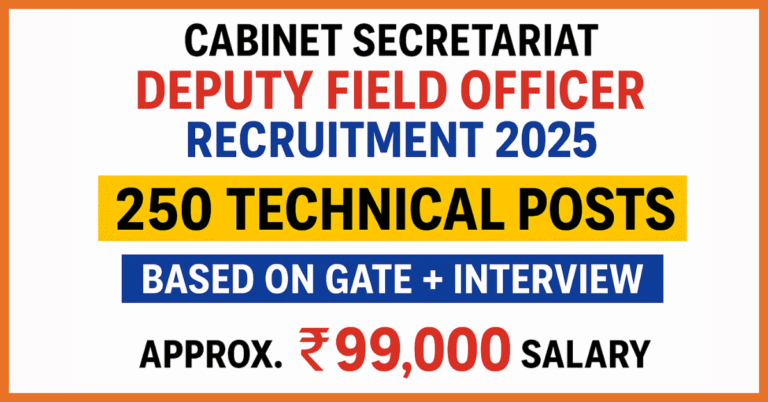 Cabinet Secretariat Deputy Field Officer Recruitment 2025: 250 Technical Posts की भर्ती का विज्ञापन। सेलेक्शन GATE Score और Interview पर आधारित है। शुरुआती अनुमानित सैलरी ₹99,000 प्रति माह।