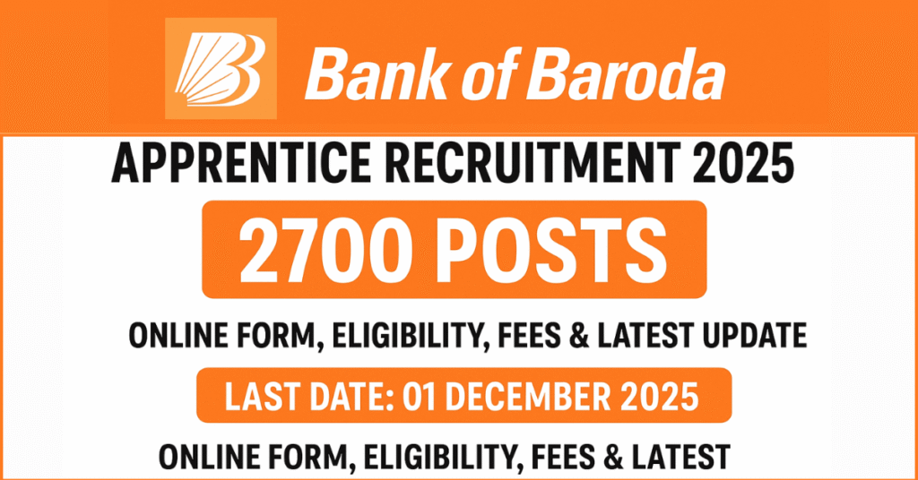 Bank of Baroda Apprentice Recruitment 2025: 2700 Posts Online Form. BOB Apprentice Last Date 01 December 2025 Eligibility Fees Latest Update.
