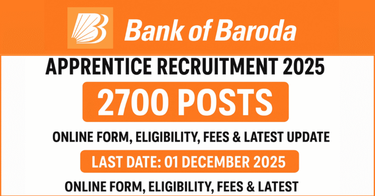 Bank of Baroda Apprentice Recruitment 2025: 2700 Posts Online Form. BOB Apprentice Last Date 01 December 2025 Eligibility Fees Latest Update.