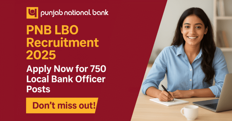PNB LBO Recruitment 2025 Apply Now for 750 Local Bank Officer Posts banner with a female banking professional smiling at her desk.