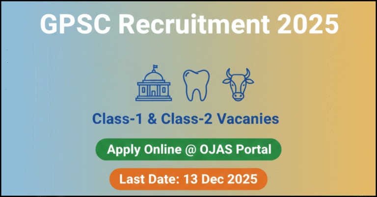 GPSC Recruitment 2025 का विज्ञापन बैनर, जिस पर 400+ Class-1 & Class-2 Vacancies की घोषणा है। Apply Online @ OJAS Portal और Last Date: 13 Dec 2025 प्रमुखता से लिखा है।