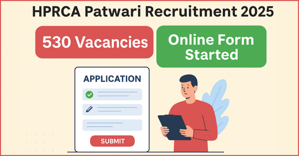 HPRCA Patwari भर्ती 2025 का विज्ञापन, 530 रिक्तियों के लिए ऑनलाइन आवेदन प्रक्रिया शुरू होने की घोषणा करता हुआ ग्राफ़िक।